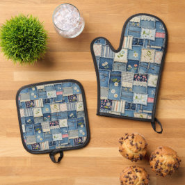 Patchwork Denim Ofenhandschuh & Topflappen-Set