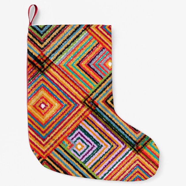 Patchwork-Design mit Aztec-Quadraten. Kleiner Weihnachtsstrumpf (Vorderseite)
