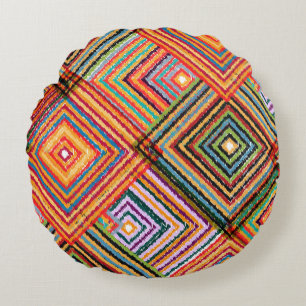 Patchwork-Design mit Aztec-Quadraten. Rundes Kissen