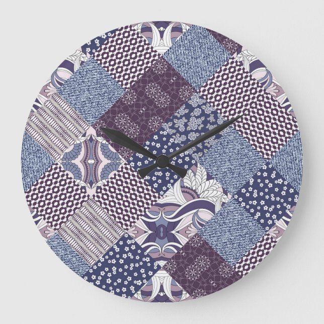 Patchwork Doodle: Vintag Boho Nahtlos. Große Wanduhr (Vorderseite)