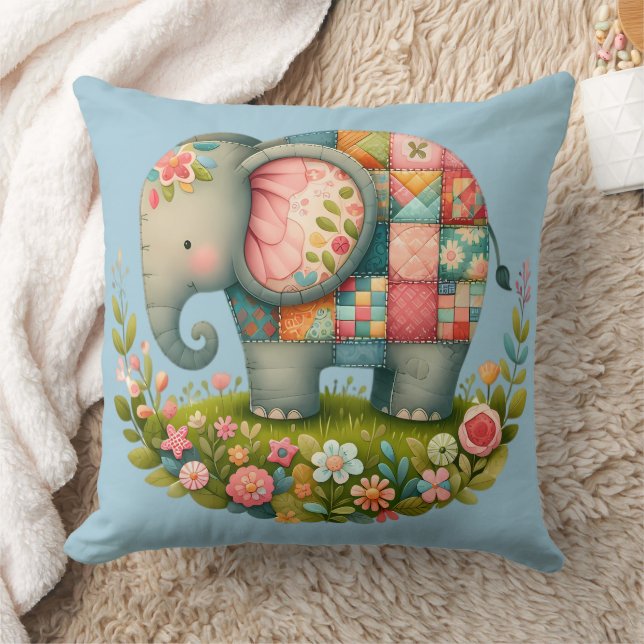 Patchwork-Elefanten-Blumenwiese-Amulett Kissen (Decke)