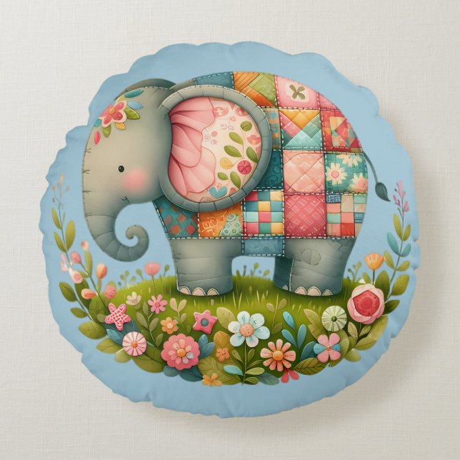 Patchwork-Elefanten-Blumenwiese-Amulett Rundes Kissen (Vorderseite)