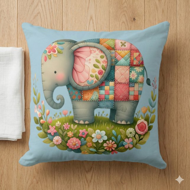 Patchwork-Elefanten-Blumenwiese-Charm Kissen (Patchwork Elephant Floral Meadow Charm Throw Pillow Mockup A)