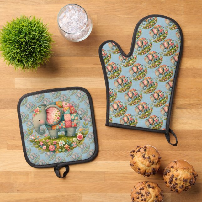 Patchwork-Elefanten-Blumenwiese-Charm Ofenhandschuh & Topflappen-Set (Oben Unten)