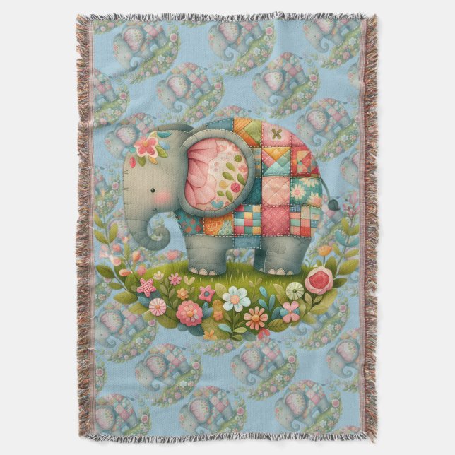 Patchwork-Elefanten-Blumenwiesen-Charm Decke (Vorderseite Vertikal)