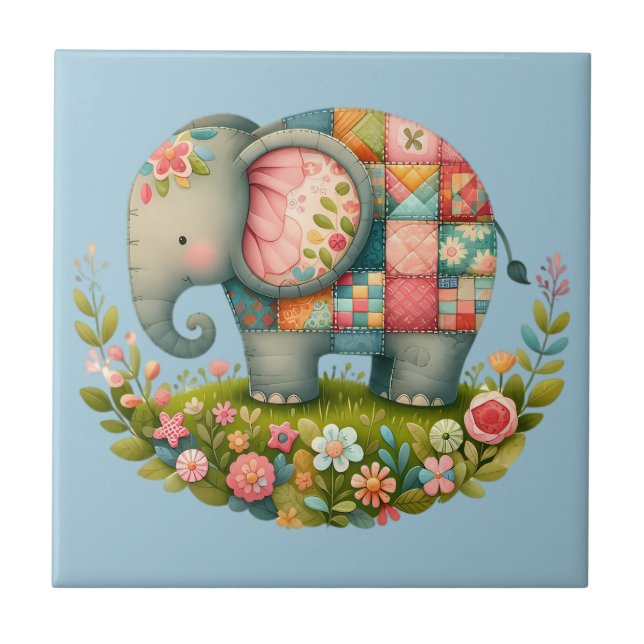 Patchwork-Elefanten-Blumenwiesen-Charm Fliese (Vorderseite)