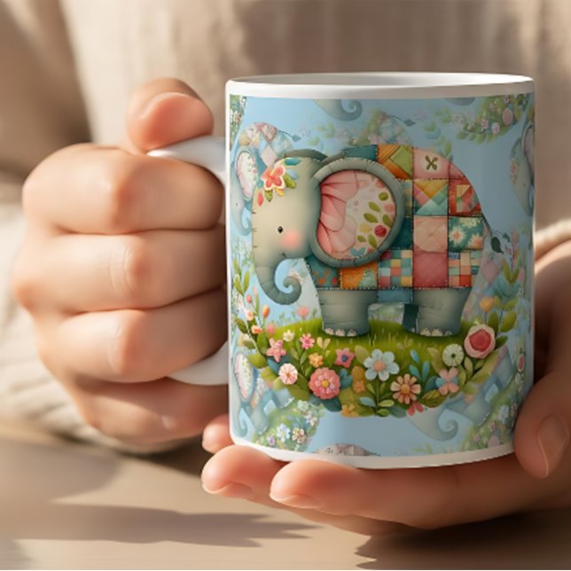 Patchwork-Elefanten-Blumenwiesen-Charm Kaffeetasse (Patchwork Elephant Floral Meadow Charm Coffee Mug)