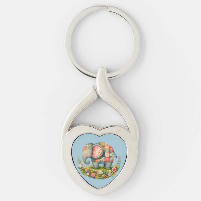 Patchwork-Elefanten-Blumenwiesen-Charm Schlüsselanhänger (Vorderseite)