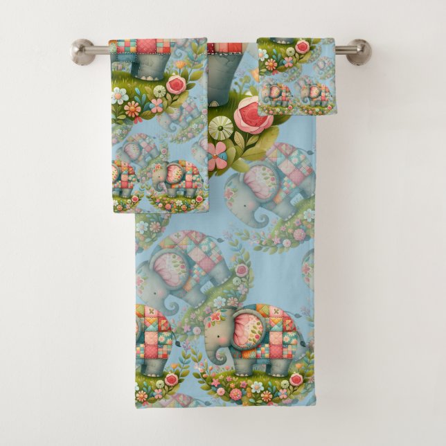 Patchwork Elephant Floral Meadow Charm Badhandtuch Set (Insitu)