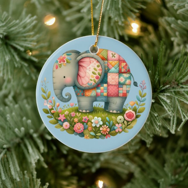 Patchwork Elephant Floral Meadow Charm Keramik Ornament (Baum)