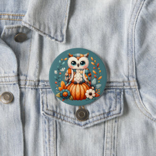 Patchwork-Eule auf Kürbis — Cottagecore Herbst Button