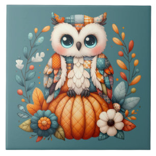 Patchwork-Eule auf Kürbis — Cottagecore Herbst Fliese