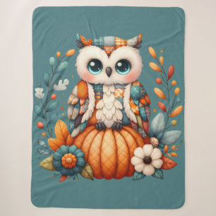 Patchwork-Eule auf Kürbis — Cottagecore Herbst Sherpadecke