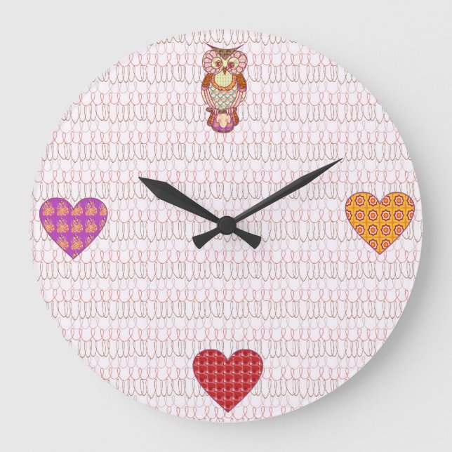 Patchwork-Eule-Herz Große Wanduhr (Vorderseite)