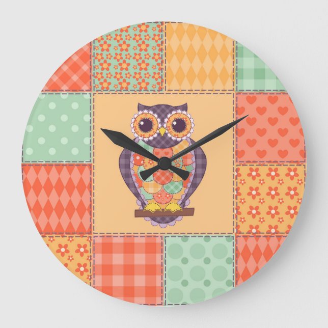 Patchwork-Eule Vintage Nahtloses Muster Große Wanduhr (Vorderseite)