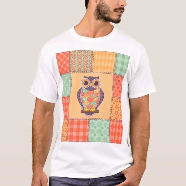 Patchwork-Eule-Vintage-Nahtloses Muster T-Shirt (Vorderseite)