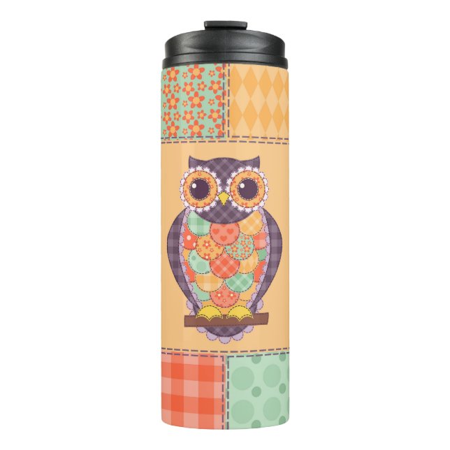 Patchwork-Eule-Vintage-Nahtloses Muster Thermosbecher (Vorderseite)