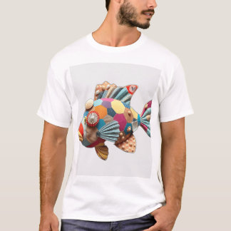 Patchwork Fabric Fish mit Muscheln T-Shirt