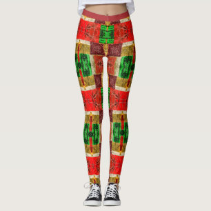 Patchwork Fabric Print Orange Green Gold Stilvoll Leggings