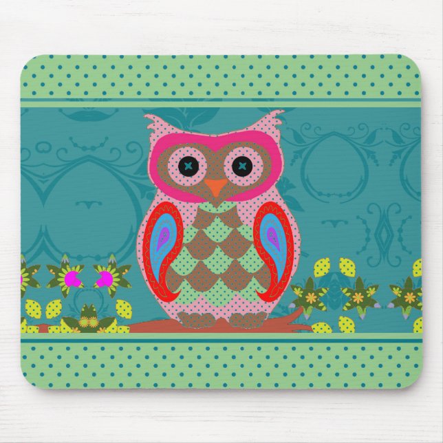 Patchwork Folk Art Owl and Dots Mousepad (Vorne)