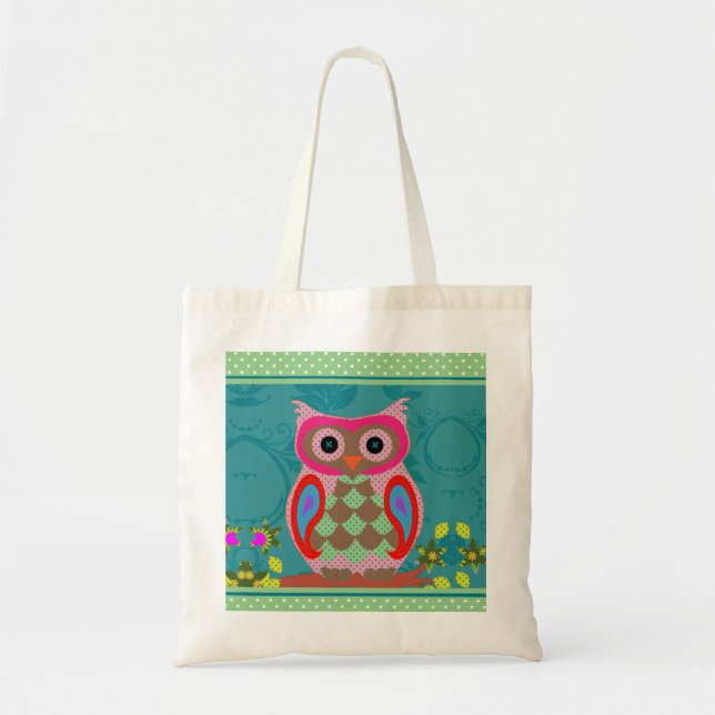 Patchwork Folk Art Owl and Dots Tragetasche (Vorne)