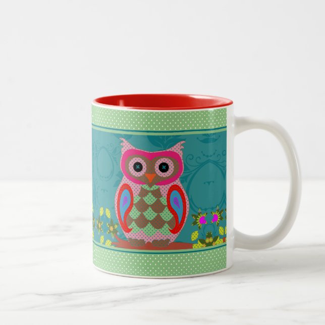 Patchwork Folk Art Owl and Dots Zweifarbige Tasse (Rechts)