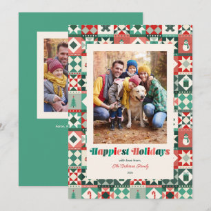 Patchwork Frohe Feiertage Rot und Grün Foto Feiertagskarte