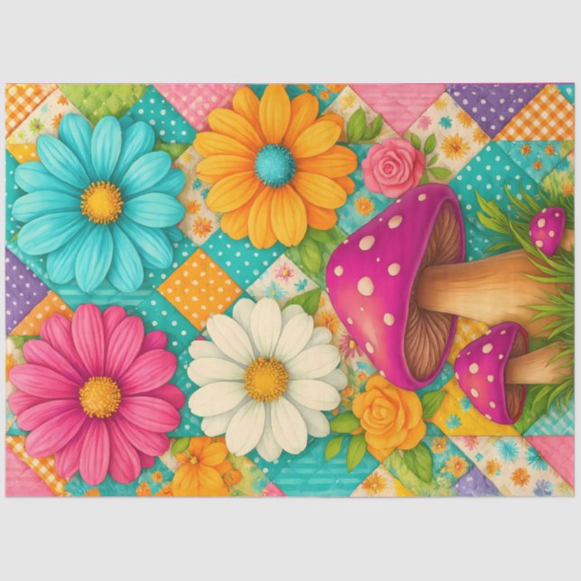 Patchwork Garden – Whimsical Floral & Mushroom Seidenpapier (Vorderseite)