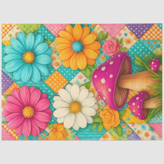 Patchwork-Garten – Whimsische Blumen & Pilze Seidenpapier (Vorderseite)