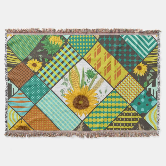 Patchwork-Getreide, Sonnenblumen, geometrisches Mu Decke (Vorderseite)
