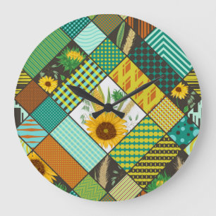 Patchwork-Getreide, Sonnenblumen, geometrisches Mu Große Wanduhr