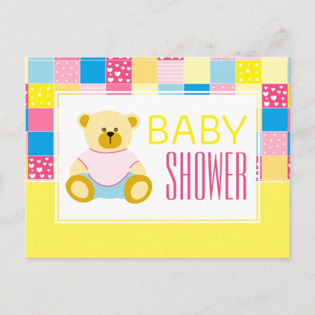 Patchwork Gold Bär, Baby Shower Einladung (Vorderseite)