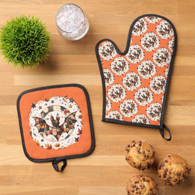 Patchwork Halloween Bat in Herbstfarben Ofenhandschuh & Topflappen-Set (Oben Unten)