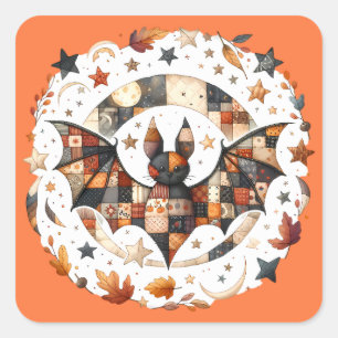 Patchwork Halloween Bat in Herbstfarben Quadratischer Aufkleber