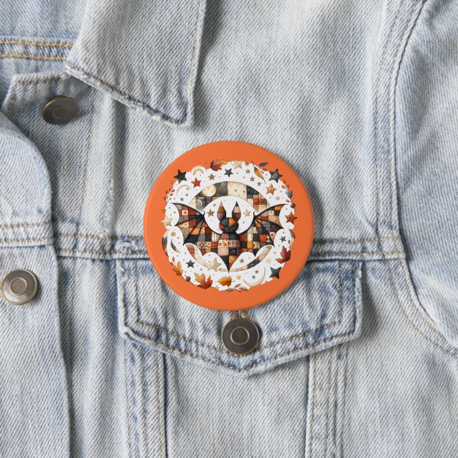 Patchwork-Halloween-Fledermaus in Herbstfarben Button (Beispiel)