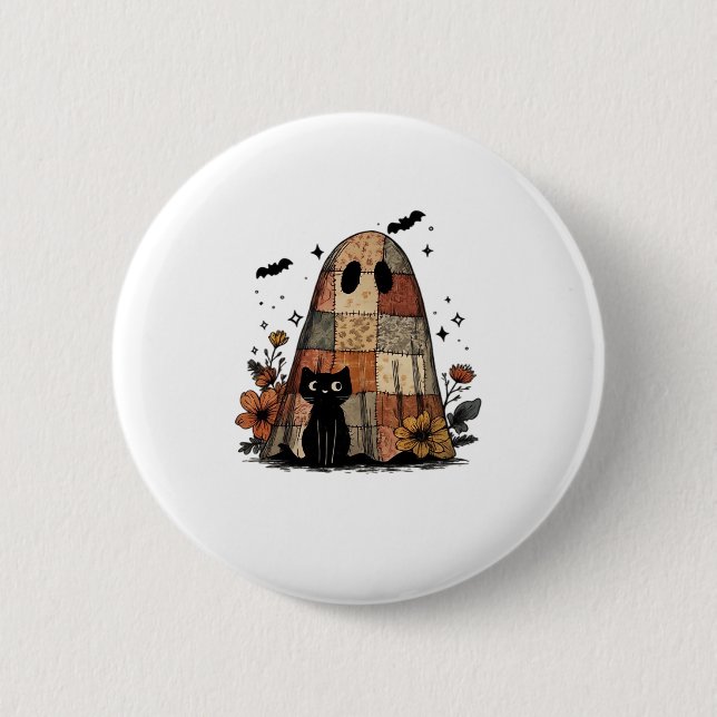 Patchwork-Halloween-Geist schwarze Katze Essential Button (Vorderseite)