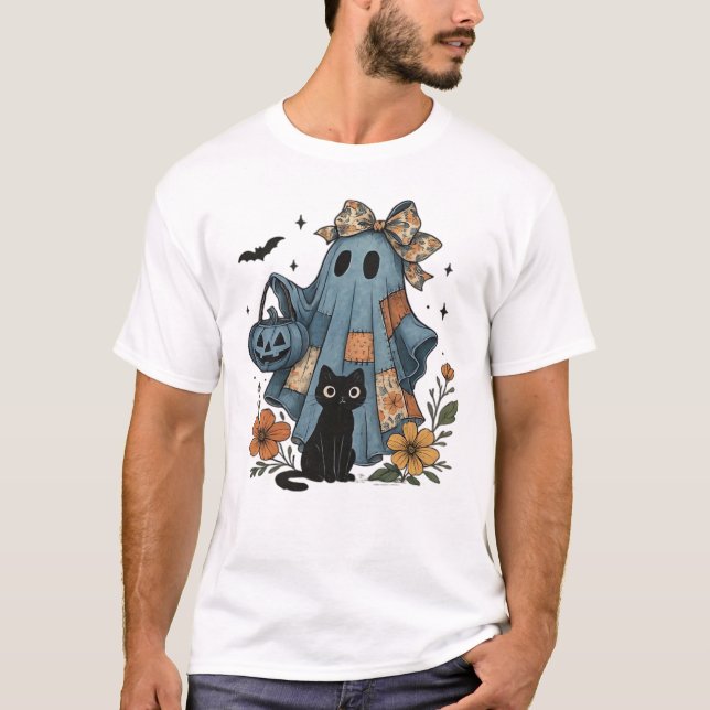 Patchwork-Halloween-Geist schwarzes Katze Essentia T-Shirt (Vorderseite)