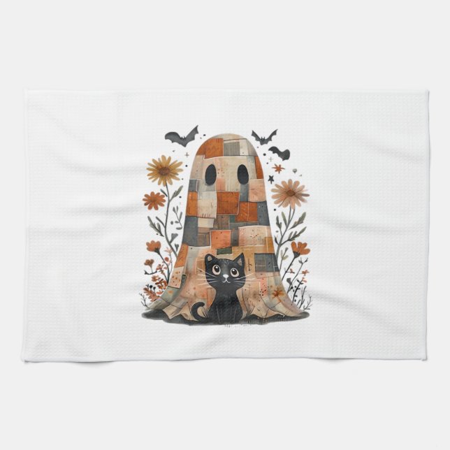 Patchwork Halloween-Geist und Katze, Retro Grusel Geschirrtuch (Horizontal)