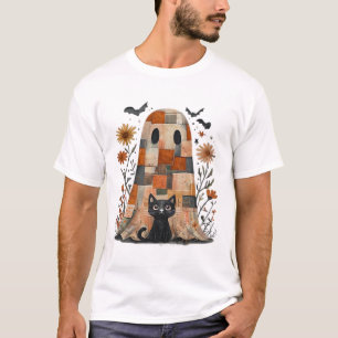 Patchwork Halloween-Geist und Katze, Retro Grusel T-Shirt