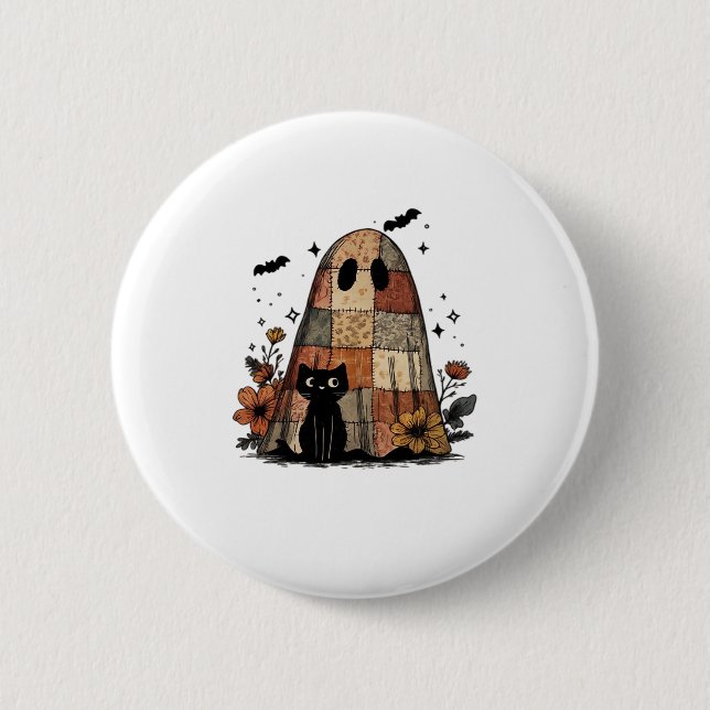 Patchwork Halloween Ghost black cat Essential T-Sh Button (Vorderseite)