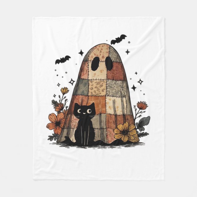 Patchwork Halloween Ghost Black cat Essential T-Sh Fleecedecke (Vorderseite)