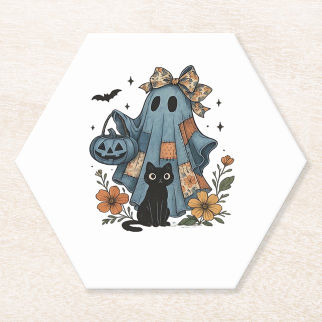 Patchwork Halloween Ghost Black Cat Essential T-Sh Untersetzer (Vorderseite)