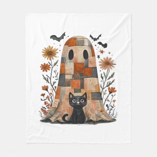 Patchwork Halloween Ghost und Cat , Retro Spooky F Fleecedecke (Vorderseite)