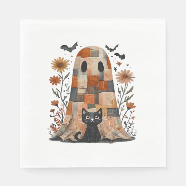 Patchwork Halloween Ghost und Cat , Retro Spooky F Serviette (Vorderseite)