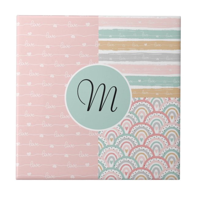 Patchwork Hearts Rainbow Monogram Keramik Tile Fliese (Vorderseite)