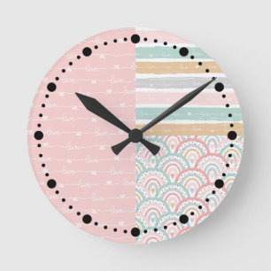 Patchwork Herz Rainbows Pastell Pink Wall Clock Runde Wanduhr
