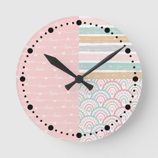 Patchwork Herz Rainbows Pastell Pink Wall Clock Runde Wanduhr (Vorderseite)
