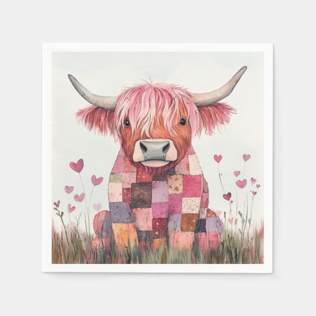 Patchwork Highland Cow Valentine Serviette (Vorderseite)