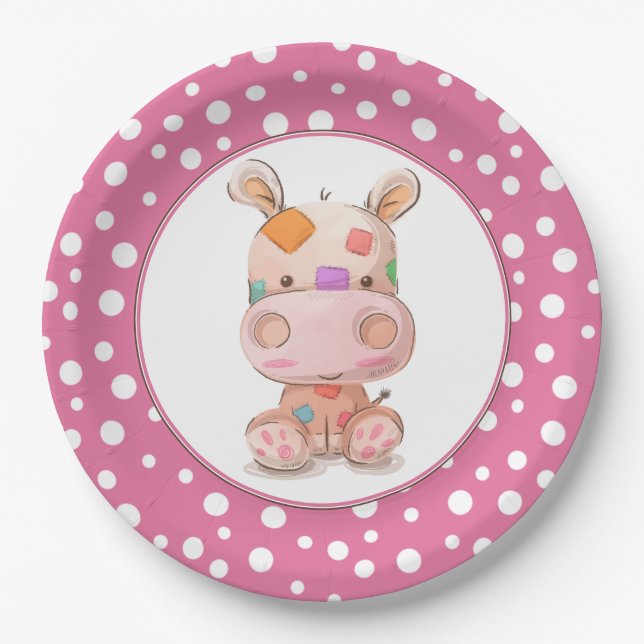 Patchwork Hippo Child's Pink Birthday Pappteller (Vorderseite)