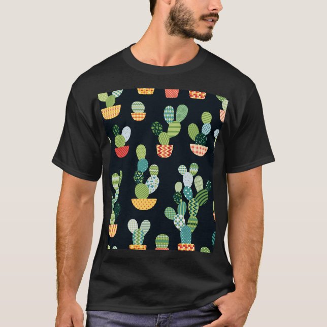 Patchwork-Kaktus-Pflanze Nahtloses Muster T-Shirt (Vorderseite)